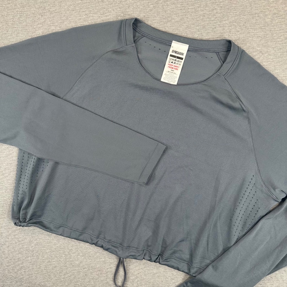 Gymshark Shirt Women Large Steel Blue Laser Cut Cropped Long Sleeve Training Top